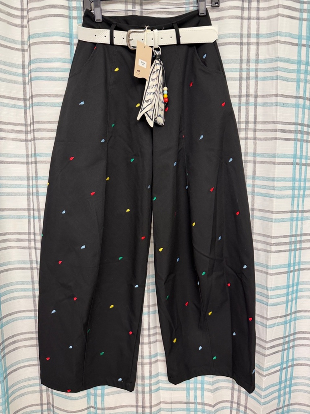 Wide Leg Black Pants with Multicolor Dot Embroidery